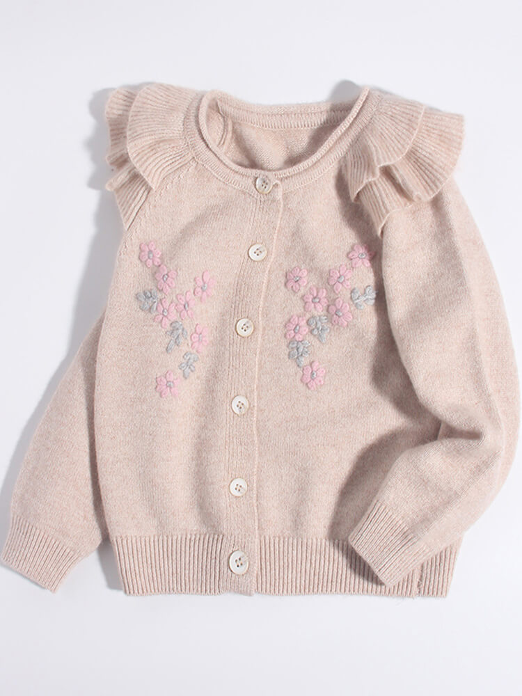 (image for) Girls Ruffle Shoulder Floral Embroidered Beige Cashmere Cardigan